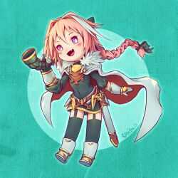 Rule 34 | 1boy, astolfo (fate), black bow, blush, boots, bow, braid, cape, covered navel, fang, fate/apocrypha, fate (series), full body, garter straps, gloves, hair bow, holding, holding instrument, horn (instrument), instrument, long hair, long sleeves, multicolored hair, open mouth, purple eyes, sdmsadism, signature, skin fang, solo, streaked hair, trap, white cape, white footwear, white gloves