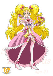 Rule 34 | 00s, 1girl, adapted costume, aged up, anniversary, arm warmers, arudebido, blonde hair, boots, bow, brooch, character name, copyright name, dress, earrings, frills, full body, futari wa precure, futari wa precure max heart, green eyes, heart, heart brooch, jewelry, kujou hikari, long hair, magical girl, pink bow, pink dress, precure, ribbon, shiny luminous, shoulder pads, smile, solo, standing, thigh boots, thighhighs, twintails, white background, white thighhighs