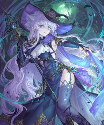 Rule 34 | 1girl, absurdres, blue dress, blue eyes, breasts, bridal gauntlets, claw ring, dress, earrings, elf, feet out of frame, full moon, hair between eyes, hat, highres, holding, holding staff, jewelry, large breasts, leaf, long hair, looking at viewer, moon, open mouth, original, pointy ears, shichigatsu, solo, staff, thighhighs, very long hair, white hair, witch hat