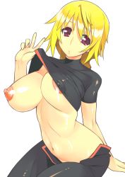 Rule 34 | 10s, 1girl, blonde hair, breasts, charlotte dunois, clothes lift, infinite stratos, large breasts, navel, nipples, pilot suit, purple eyes, ryuuta (msxtr), shiny clothes, shirt lift, skin tight, solo, unaligned breasts, v