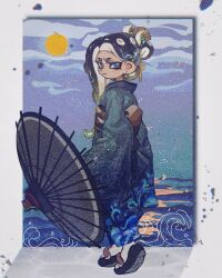 Rule 34 | 1girl, blonde hair, blue eyes, blue hair, blue sky, border, closed mouth, cloud, commentary request, ear piercing, full body, gradient hair, hair ornament, hair stick, highres, holding, holding umbrella, holding weapon, horizon, japanese clothes, kimono, long hair, looking at viewer, looking back, multicolored hair, nintendo, octoling, octoling girl, octoling player character, okobo, outside border, piercing, recycled brella 24 (splatoon), sandals, sky, solo, splatoon (series), splatoon 3, standing, sun, tentacle hair, thenintlichen96, thick eyebrows, two-tone hair, umbrella, water, weapon, white border