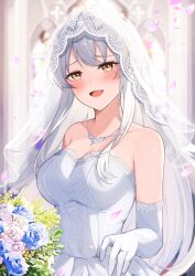 Rule 34 | 1girl, alternate costume, bouquet, bridal veil, brown eyes, dress, elbow gloves, flower, gloves, grey hair, highres, jewelry, kantai collection, long hair, looking at viewer, necklace, ranran 3939, shoukaku (kancolle), smile, solo, strapless, strapless dress, upper body, veil, wedding, wedding dress, white gloves