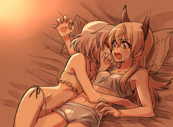 Rule 34 | 147, 2girls, animal ears, blonde hair, blush, breasts, closed eyes, dog ears, eila ilmatar juutilainen, groin, hug, lying, midriff, multiple girls, navel, on back, on side, open mouth, panties, purple eyes, sanya v. litvyak, short shorts, shorts, side-tie panties, silver hair, sleeping, small breasts, strike witches, underwear, wavy mouth, world witches series, yuri