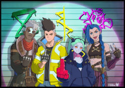 2boys 2girls :d absurdres arcane:_league_of_legends arcane_jinx arm_tattoo artist_logo asymmetrical_bangs bare_shoulders black_gloves black_jacket blue_hair braid brown_hair cloud_tattoo colored_sclera colored_skin crop_top crossover cyberpunk_(series) cyberpunk_edgerunners cyborg dark-skinned_male dark_skin david_martinez dreadlocks ekko_(league_of_legends) fingerless_gloves firelight_ekko gloves graffiti green_hair grin highres jacket jinx_(league_of_legends) knightfury league_of_legends logo long_hair middle_finger mohawk multiple_boys multiple_girls neck_tattoo open_mouth orange_scarf pants rebecca_(cyberpunk) red_sclera sandevistan scarf short_hair shoulder_tattoo smile stomach_tattoo striped_clothes striped_pants tattoo twintails twitter_username yellow_jacket