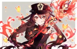 Rule 34 | 1girl, :q, black hat, black nails, brooch, brown hair, chinese clothes, coat, coattails, collared coat, colored tips, commentary, flower, flower-shaped pupils, genshin impact, hat, hat flower, hat ornament, highres, hu tao (genshin impact), jewelry, multicolored hair, multiple rings, nail polish, plum blossoms, porkpie hat, red eyes, red shirt, ring, shirt, smile, solo, staff of homa (genshin impact), symbol-shaped pupils, tailcoat, thumb ring, tongue, tongue out, twintails, yasiyasi 2