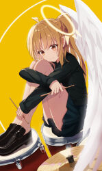 Rule 34 | 1girl, absurdres, ahoge, angel wings, black shirt, black skirt, blonde hair, bocchi the rock!, brown eyes, commentary request, drum, drum set, drumsticks, dutch angle, highres, hugging own legs, ijichi nijika, instrument, knees up, loafers, long hair, long sleeves, mannen youmu, miniskirt, shirt, shoes, side ponytail, sidelocks, sitting, skirt, solo, wings, yellow background