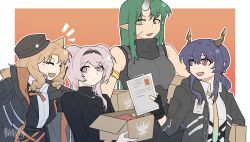 Rule 34 | 4girls, absurdres, animal ears, arknights, armband, armor, black coat, black dress, black gloves, black hairband, black headwear, black jacket, black shirt, box, breastplate, bright pupils, ch&#039;en (arknights), chinese commentary, clipboard, closed eyes, coat, collared shirt, commentary request, dress, drill hair, fang, fingerless gloves, gloves, gradient necktie, green hair, hair intakes, hairband, highres, holding, holding box, holding clipboard, horns, hoshiguma (arknights), id card, jacket, jewelry, lin (arknights), long hair, mouse ears, multiple girls, necklace, notice lines, open mouth, orange background, orange hair, pointy ears, purple eyes, purple hair, red eyes, scar, scar on face, shirt, sidelocks, single horn, skin fang, sleeveless, sleeveless shirt, smile, swire (arknights), tiger ears, twintails, two-tone background, upper body, white background, white pupils, white shirt, yanlingjinshilihuahua, yellow eyes