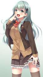 Rule 34 | 10s, 1girl, aqua eyes, aqua hair, blouse, bow, bowtie, brown thighhighs, clothes lift, collared shirt, cowboy shot, gradient background, hair ornament, hairclip, highres, imachireki, kantai collection, lifting own clothes, long hair, looking at viewer, open mouth, red bow, red bowtie, remodel (kantai collection), school uniform, shirt, skirt, skirt hold, skirt lift, smile, solo, standing, suzuya (kancolle), thighhighs, v, white shirt