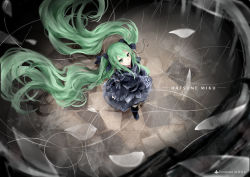 Rule 34 | 1girl, absurdly long hair, absurdres, artist name, character name, from above, full body, green eyes, green hair, hatsune miku, highres, long hair, looking at viewer, looking up, matching hair/eyes, md5 mismatch, resolution mismatch, sanae (jomill04), sketch, solo, source smaller, twintails, very long hair, vocaloid