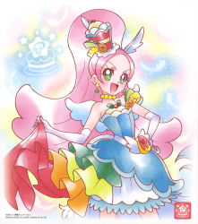 Rule 34 | 1girl, blue dress, collarbone, cowboy shot, cure parfait, dress, elbow gloves, floating hair, gloves, green eyes, hand on own hip, highres, kirahoshi ciel, kirakira precure a la mode, layered dress, long hair, official art, parted bangs, pink hair, precure, short dress, solo, standing, strapless, strapless dress, very long hair, white gloves