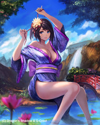 Rule 34 | 1girl, arms up, barefoot, blue eyes, breasts, bridge, brown hair, chaosringen, cloud, day, dragon&#039;s shadow, flower, hair flower, hair ornament, hair ribbon, japanese clothes, kimono, large breasts, legs, lily pad, obi, off shoulder, official art, ribbon, sash, sitting, sky, soaking feet, solo, water, waterfall