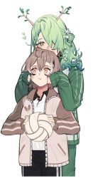 Rule 34 | 2girls, :i, aged down, ahoge, antlers, ball, braid, braided bangs, branch, brown eyes, brown hair, ceres fauna, collared shirt, eus ing, feathers, flower, green hair, green track suit, gym shorts, hair flower, hair ornament, hair over one eye, heart, height difference, holding, holding ball, hololive, hololive english, horns, mole, mole under eye, multicolored hair, multiple girls, nanashi mumei, playing with another&#039;s hair, polo shirt, shirt, short hair, shorts, sleeves past wrists, streaked hair, virtual youtuber, volleyball, volleyball (object), white shirt, yellow eyes