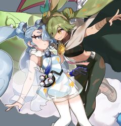 Rule 34 | 2girls, altaria, blue hair, breasts, cape, creatures (company), double bun, dress, dual persona, flygon, flying miku (project voltage), full body, game freak, gen 3 pokemon, gloves, gradient hair, great ball, green hair, grey background, grey hair, ground miku (project voltage), hair between eyes, hair bun, hair over one eye, hatsune miku, highres, leg warmers, long hair, medium breasts, multicolored hair, multiple girls, nail polish, nintendo, orange eyes, orange hair, pants, poke ball, poke ball (basic), pokemon, pokemon (creature), project voltage, shoes, simple background, single glove, tissue0330, torn cape, torn clothes, twintails, vocaloid, white hair