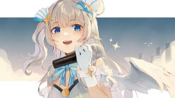 Rule 34 | 1girl, :d, bare shoulders, blue bow, blue eyes, bow, feathered wings, gloves, hair bow, hand up, highres, holding, holding microphone, ji dao ji, looking at viewer, microphone, open mouth, original, smile, solo, sparkle, strapless, striped, striped bow, teeth, upper teeth only, white bow, white gloves, white wings, wings