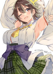 Rule 34 | 1girl, alternate eye color, armpits, artist name, bare shoulders, blush, brown eyes, brown hair, detached sleeves, green skirt, hair between eyes, headgear, hiei (kancolle), hiei kai ni (kancolle), highres, japanese clothes, kantai collection, mizuta kenji, nontraditional miko, one-hour drawing challenge, one eye closed, open mouth, plaid, plaid skirt, pleated skirt, ribbon-trimmed sleeves, ribbon trim, short hair, simple background, skirt, smile, solo, twitter username, white background, wide sleeves