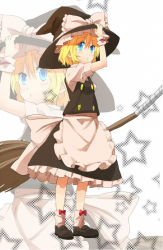 Rule 34 | 1girl, apron, blonde hair, blue eyes, bow, broom, cuffs, ema20, female focus, frills, hand on headwear, hat, hat bow, kirisame marisa, looking at viewer, o3o, short hair, solo, standing, star (symbol), taker, taker (flamestorm), touhou, witch, witch hat, wrist cuffs, zoom layer