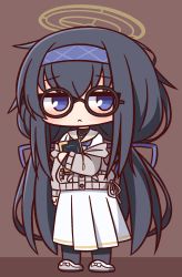 Rule 34 | 1girl, :&lt;, black-framed eyewear, black hair, black pantyhose, blue archive, blue eyes, blue hairband, blue ribbon, blush, book, brown background, chibi, closed mouth, commentary request, glasses, grey footwear, grey jacket, hair between eyes, hair ribbon, hairband, halo, hana kazari, highres, jacket, long hair, long sleeves, looking at viewer, low twintails, hugging object, off shoulder, pantyhose, pleated skirt, revision, ribbon, round eyewear, sailor collar, shirt, shoes, skirt, solo, twintails, two-tone background, ui (blue archive), very long hair, white sailor collar, white shirt, white skirt