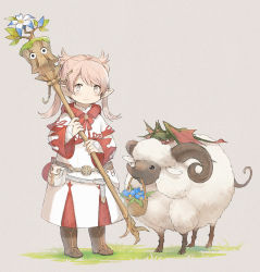 Rule 34 | 1girl, warrior of light (ff14), basket, belt, belt pouch, blue flower, blush, boots, brown background, brown footwear, closed eyes, collared robe, commentary, curled horns, curled tail, curled up, dragon, final fantasy, final fantasy xiv, flower, flower basket, full body, grass, grey eyes, holding, holding staff, horns, knee boots, lalafell, long sleeves, looking at viewer, medium hair, midgardsormr, mouth hold, neck ribbon, no nose, omori hakumai, on animal, outdoors, pink hair, pointy ears, pouch, ribbon, robe, sheep, simple background, sleeping, smile, solo, staff, standing, swept bangs, twintails, white robe