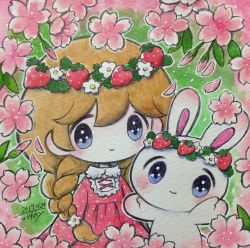 Rule 34 | 1girl, blue eyes, blush, braid, brown hair, dated, dress, flower, food, fruit, highres, leaf, long hair, long sleeves, no nose, original, pink dress, pink flower, signature, smile, solo, strawberry, traditional media, twin braids, white flower, zukky000
