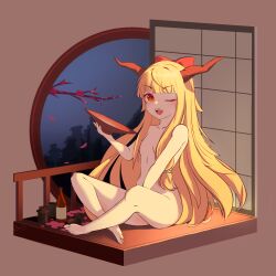 Rule 34 | 1girl, absurdres, architecture, blonde hair, blunt bangs, bottle, bow, branch, brown background, brown horns, chinese commentary, commentary request, completely nude, crossed legs, cup, east asian architecture, falling petals, full body, hair bow, hair over breasts, highres, holding, holding cup, horns, ibuki suika, indian style, isometric, long hair, looking at viewer, medium bangs, nude, one eye closed, open mouth, orange eyes, petals, railing, red bow, round window, rrsuika, sakazuki, sake bottle, shouji, sidelocks, sitting, sliding doors, smile, solo, teeth, touhou, upper teeth only, very long hair, window