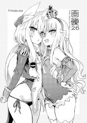 Rule 34 | 2girls, :d, :o, animal ears, asanagi, azur lane, bare shoulders, blush, bow, breasts, circle name, content rating, covered erect nipples, cowboy shot, crown, detached sleeves, epaulettes, fang, flat chest, greyscale, hair between eyes, hair bow, hairband, halftone, headgear, highres, jacket, long hair, looking at viewer, mini crown, monochrome, multiple girls, open mouth, panties, parted lips, queen elizabeth (azur lane), side-tie panties, skindentation, small breasts, smile, standing, thighhighs, underwear, warspite (azur lane)