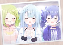 Rule 34 | ahoge, amatsuka uto, blue dress, blue hair, blurry, blurry background, blush, bow, bowtie, braid, braided bangs, chestnut mouth, choker, clenched hands, closed eyes, collarbone, deyui, dress, furrowed brow, green hair, grin, hair bow, hair ornament, hair ribbon, hairclip, hood, hoodie, indie virtual youtuber, light blue hair, light particles, morinaka kazaki, nijisanji, off-shoulder dress, off shoulder, open mouth, photo (object), pink hoodie, puffy short sleeves, puffy sleeves, ribbon, ribbon choker, short sleeves, shoulder strap, sleeve cuffs, smile, teeth, twintails, two side up, upper teeth only, virtual youtuber, white dress, wing hair ornament, yuuki chihiro, zipper, zipper pull tab
