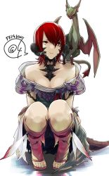 Rule 34 | 10s, 1girl, artist request, au ra, bare shoulders, breasts, cleavage, collarbone, dragon, dragon girl, dragon horns, dragon tail, feathers, final fantasy, final fantasy xiv, horn ornament, horn ring, horns, midgardsormr (final fantasy), mini dragon, red eyes, red hair, sandals, scales, short hair, simple background, small breasts, smile, solo, squatting, tail, warrior of light (ff14), white background