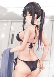 Rule 34 | 1girl, adjusting clothes, adjusting swimsuit, ass, back, bare arms, bare shoulders, bikini, black bikini, black hair, breasts, closed mouth, colored tips, commentary request, cowboy shot, gradient hair, highres, holding, holding towel, large breasts, locker, locker room, long hair, looking at viewer, median furrow, mole, mole under eye, multicolored hair, original, ponytail, purple eyes, side-tie bikini bottom, sidelocks, smile, solo, standing, strap gap, string bikini, swimsuit, thighs, towel, wedgie, wet, wing (aiastor)