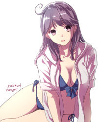 Rule 34 | 1girl, alternate costume, bikini, black hair, blue bikini, blush, breasts, cleavage, grey hoodie, hair between eyes, hair ornament, hood, hoodie, kantai collection, kurage1, long hair, looking at viewer, one-hour drawing challenge, open mouth, short sleeves, simple background, sitting, solo, swimsuit, thighs, ushio (kancolle), white background