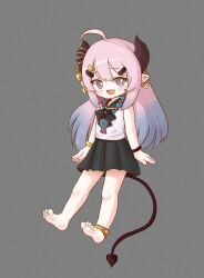 Rule 34 | 1girl, ahoge, barefoot, bead necklace, beads, black skirt, bright pupils, commentary request, demon girl, demon tail, earrings, feet, full body, gradient hair, grey background, highres, hoop earrings, horns, jewelry, kuma-bound, long hair, looking at viewer, multicolored hair, necklace, original, pink hair, pleated skirt, purple eyes, purple hair, simple background, skirt, soles, solo, tail, toes, two-tone hair, white pupils