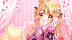 Rule 34 | 1girl, animal ear fluff, animal ears, blonde hair, blush, bow, cat ears, fang, frilled pillow, frills, hair ornament, highres, holding, holding phone, hololive, indoors, kemonomimi mode, kuzumochi, long hair, nail polish, open mouth, phone, pillow, pink background, pink sweater, red nails, ribbon, skin fang, sleeves past wrists, solo, striped, striped background, sweater, twintails, upper body, virtual youtuber, yellow eyes, yozora mel, yozora mel (jirai kei)