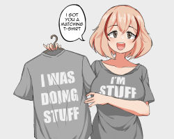 Rule 34 | 1girl, :d, azur lane, blonde hair, breasts, brown eyes, clothes writing, english text, grey background, grey shirt, holding, holding clothes, holding shirt, i&#039;m stuff (meme), large breasts, looking at viewer, matching outfits, meme, multicolored hair, open mouth, parallelrey, roon (azur lane), shirt, simple background, smile, solo, speech bubble, streaked hair, t-shirt, upper body