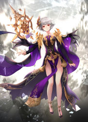 Rule 34 | bare shoulders, black nails, full body, gold trim, grey background, hair ornament, highres, i-sol-e, long sleeves, looking at viewer, nail polish, pelvic curtain, red eyes, seven knights, silver hair, solo, standing, white background