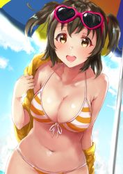 Rule 34 | 10s, :d, aged up, akagi miria, beach umbrella, bikini, blue sky, breasts, brown eyes, brown hair, cleavage, cloud, cloudy sky, day, dutch angle, eyewear on head, front-tie bikini top, front-tie top, halterneck, heart, heart-shaped eyewear, heart-shaped sunglasses, idolmaster, idolmaster cinderella girls, large breasts, looking at viewer, navel, off shoulder, open mouth, outdoors, sg (esujii), sky, smile, solo, stomach, string bikini, striped bikini, striped clothes, sunglasses, swimsuit, two side up, umbrella