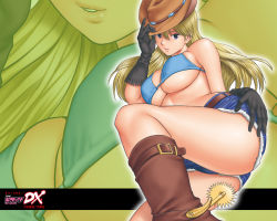 Rule 34 | 1girl, action pizazz, bikini, bikini top only, blonde hair, blue bikini, blue eyes, boots, breasts, cowboy hat, cutoffs, denim, denim shorts, gloves, hat, large breasts, long hair, official art, official wallpaper, parted lips, saigado, shiny skin, shorts, skindentation, solo, spurs, swimsuit, zoom layer