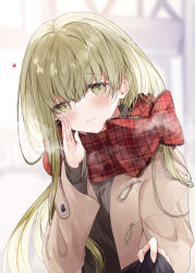 1girl, bangs, black sweater, blurry, blurry background, blush, breath, brown coat, cecilia (shiro seijo to kuro bokushi), closed mouth, coat, commentary request, depth of field, eyebrows visible through hair, green eyes, green hair, hair between eyes, heart, jacket, kazutake hazano, long hair, looking at viewer, open clothes, open jacket, plaid, plaid scarf, red scarf, ribbed sweater, scarf, shiro seijo to kuro bokushi, smile, solo, sweater, turtleneck, turtleneck sweater, upper body, very long hair