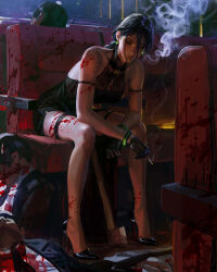 1girl 3boys absurdres axe bare_shoulders black_footwear black_gloves black_hair blood blood_on_arm blood_on_clothes blood_on_face blood_on_leg blood_on_shoulder bloody_clothes bloody_dress bracelet braid braided_ponytail chair cigarette commentary corpse dress earrings formal gloves green_bracelet guweiz high_heels highres holding holding_cigarette indoors jewelry long_hair multiple_boys murder original pelvic_curtain sideways_glance sitting smoke smoking suit symbol-only_commentary yin_(guweiz)