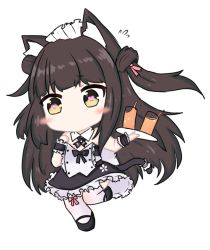 Rule 34 | 1girl, animal ears, azur lane, bailingxiao jiu, black dress, black footwear, blush, brown eyes, brown hair, cat ears, cat girl, cat tail, chibi, closed mouth, cup, dress, drink, drinking glass, flying sweatdrops, full body, heart, heart-shaped pupils, holding, holding tray, long hair, maid headdress, one side up, simple background, solo, standing, standing on one leg, strapless, strapless dress, symbol-shaped pupils, tail, thighhighs, tray, very long hair, white background, white thighhighs, wrist cuffs, yuugure (azur lane), yuugure (maid-in-training!) (azur lane)
