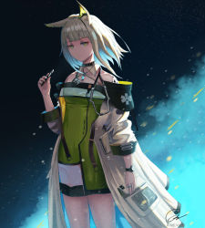 Rule 34 | 1girl, absurdres, animal ears, arknights, artist name, bare shoulders, black background, blue background, commentary, cowboy shot, deozt, dress, green dress, green eyes, hand up, highres, holding, holding pen, jacket, kal&#039;tsit (arknights), long sleeves, looking at viewer, material growth, multicolored background, off-shoulder dress, off shoulder, oripathy lesion (arknights), pen, short dress, short hair, silver hair, solo, standing, thighs, watch, white jacket, wristwatch