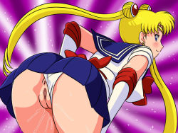 Rule 34 | 1990s (style), 1girl, anus, ass, bent over, bishoujo senshi sailor moon, blonde hair, blue eyes, censored, from behind, looking back, panties, panty pull, presenting, pussy, retro artstyle, roze (circle), sailor moon, smile, toei animation, tsukino usagi, underwear