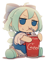Rule 34 | 1girl, absurdres, blue bow, blue dress, blue eyes, blue footwear, blue hair, blush stickers, bow, cirno, collared shirt, dress, drink, drinking, drinking straw, drinking straw in mouth, fairy, full body, fumo (doll), hair bow, highres, ice, ice wings, kame (kamepan44231), shirt, shoes, short hair, short sleeves, simple background, solo, touhou, white background, white shirt, wings