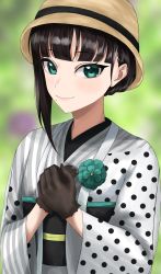 Rule 34 | 1girl, alternate hairstyle, aqua eyes, artist name, artist request, black corset, black gloves, black hair, blunt bangs, blush, breasts, brown hat, corset, female focus, floral print, flower, flower print, gloves, gorgeous pink (love live!), green eyes, green flower, hair bun, hat, highres, japanese clothes, kimono, kurosawa dia, lace, lace gloves, looking at viewer, love live!, love live! school idol festival, love live! school idol festival all stars, love live! sunshine!!, mole, mole under mouth, obi, own hands together, parted lips, polka dot, polka dot kimono, sash, short hair, single hair bun, small breasts, smile, solo, striped clothes, striped kimono, upper body, vertical-striped clothes, vertical-striped kimono, white kimono, wide sleeves