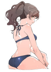 Rule 34 | 1girl, alternate hairstyle, ass, back, bare shoulders, bikini, blue bikini, breasts, brown eyes, brown hair, butt crack, from behind, idolmaster, idolmaster million live!, idolmaster million live! theater days, kitazawa shiho, long hair, looking at viewer, looking back, medium breasts, parted lips, ponytail, shirop imas, simple background, solo, swimsuit, wet, white background