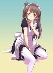 Rule 34 | 10s, 1girl, brown eyes, brown hair, garter straps, gradient background, hand to own mouth, highres, long hair, love live!, love live! school idol festival, love live! school idol project, maid, minami kotori, nanotsuki, side ponytail, sitting, solo, thighhighs, white thighhighs