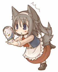 Rule 34 | 7010, animal ears, apron, chibi, grey hair, hairband, lowres, maid, maid apron, solo, tail, vase, wolf ears, wolf tail