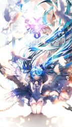 Rule 34 | 1girl, absurdly long hair, absurdres, animal, bird, blue eyes, blue hair, blurry, blurry foreground, chain, commentary, dress, feathered wings, floating hair, grey dress, hatsune miku, heart, highres, interlocked fingers, kneeling, light particles, long hair, looking at viewer, own hands together, praying, shadow, shirayuki towa, smile, solo, tears, twintails, very long hair, vocaloid, dove, wings
