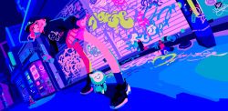 Rule 34 | 1girl, :o, absurdres, ankle socks, black hat, black hoodie, blue theme, cat, dutch angle, flat color, from below, graffiti, hat, highres, hood, hood down, hoodie, indie utaite, niconico, night, no lineart, nqrse, official art, outdoors, pink theme, pleated skirt, ponsuke kaikai, skirt, socks, solo, spray can, spray paint