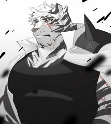 Rule 34 | 1boy, animal ears, arknights, bara, black tank top, furry, furry male, hachi duchi, large pectorals, looking to the side, male focus, mountain (arknights), muscular, muscular male, pectorals, scar, scar across eye, scar on arm, scar on face, short hair, solo, tank top, tiger boy, tiger ears, upper body, white fur, white hair, wind