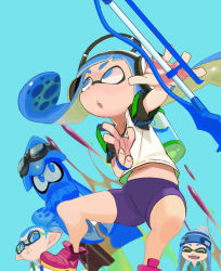 Rule 34 | 1boy, 2girls, beanie, bike shorts, black shorts, blue eyes, blue hair, blunt bangs, closed eyes, dress shirt, fangs, goggles, goggles on head, hair slicked back, hat, headphones, holding, holding weapon, ink tank (splatoon), inkling, inkling boy, inkling girl, inkling player character, jumping, layered clothes, long hair, looking at viewer, multiple girls, necktie, nintendo, pointy ears, shirt, shoes, short hair, short sleeves, shorts, splatoon (series), splatoon 1, squid, squiffer (splatoon), standing, t-shirt, tank top, tentacle hair, topknot, weapon, white shirt, yuuki (irodo rhythm)