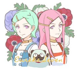 Rule 34 | 2girls, anemone (eureka seven), anemone (flower), aqua hair, blue dress, closed mouth, copyright name, cropped torso, dress, eureka (eureka seven), eureka seven, eureka seven (series), flower, gulliver (eureka seven), hair ornament, hairclip, jewelry, long hair, looking at viewer, multiple girls, neck ring, nekkikamille, pink eyes, pink hair, purple eyes, short hair, side-by-side, sidelocks, smile, two-tone dress, white dress